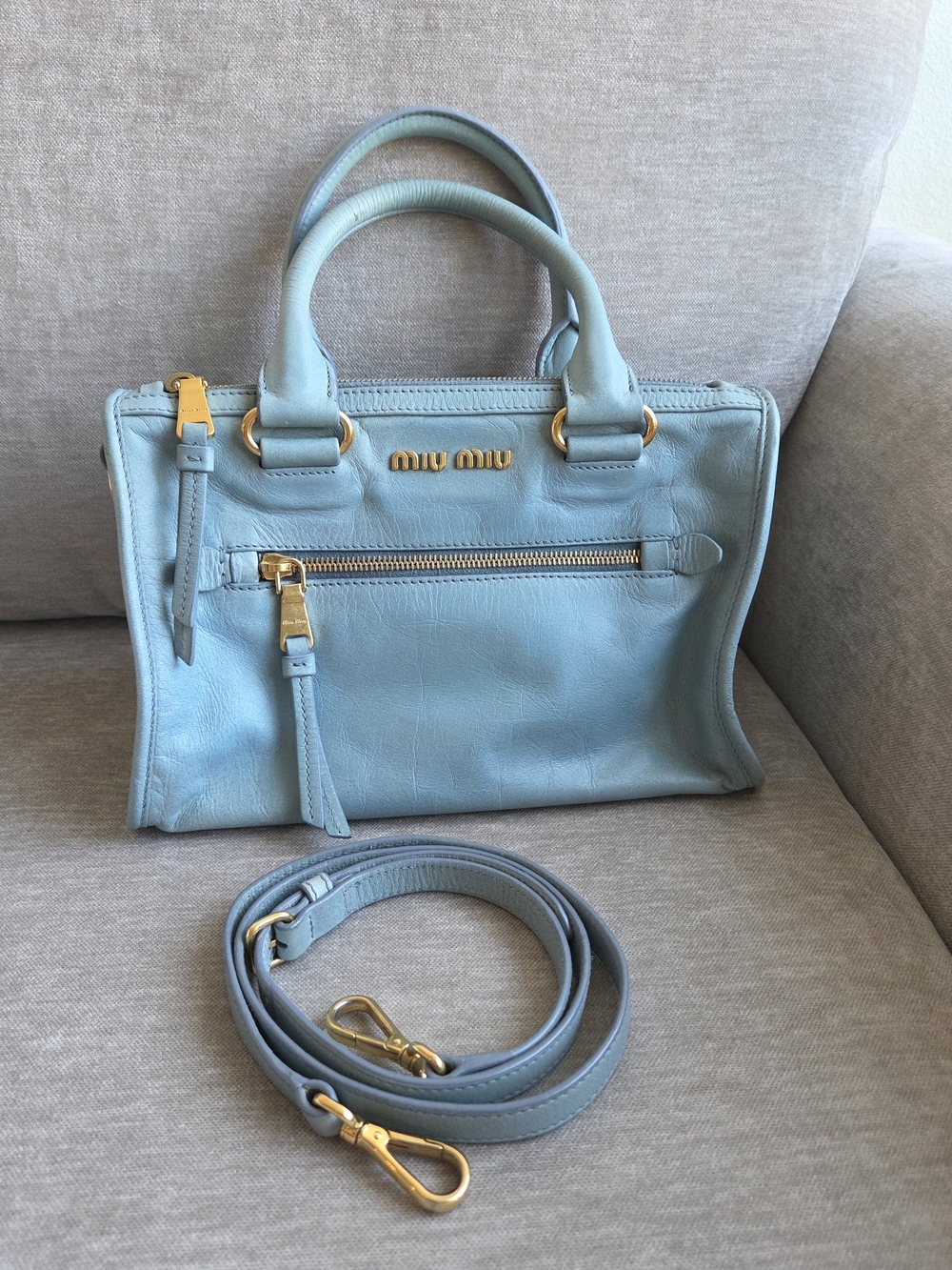 Miu Miu Vitello Shine Light Blue Leather Top-Handle Bag